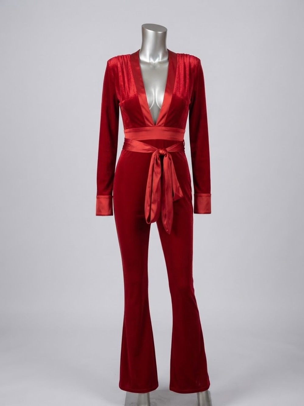 Miss Circle XS Red Velvet Jumpsuit Plunge Neck Satin Belt Flare Leg Party